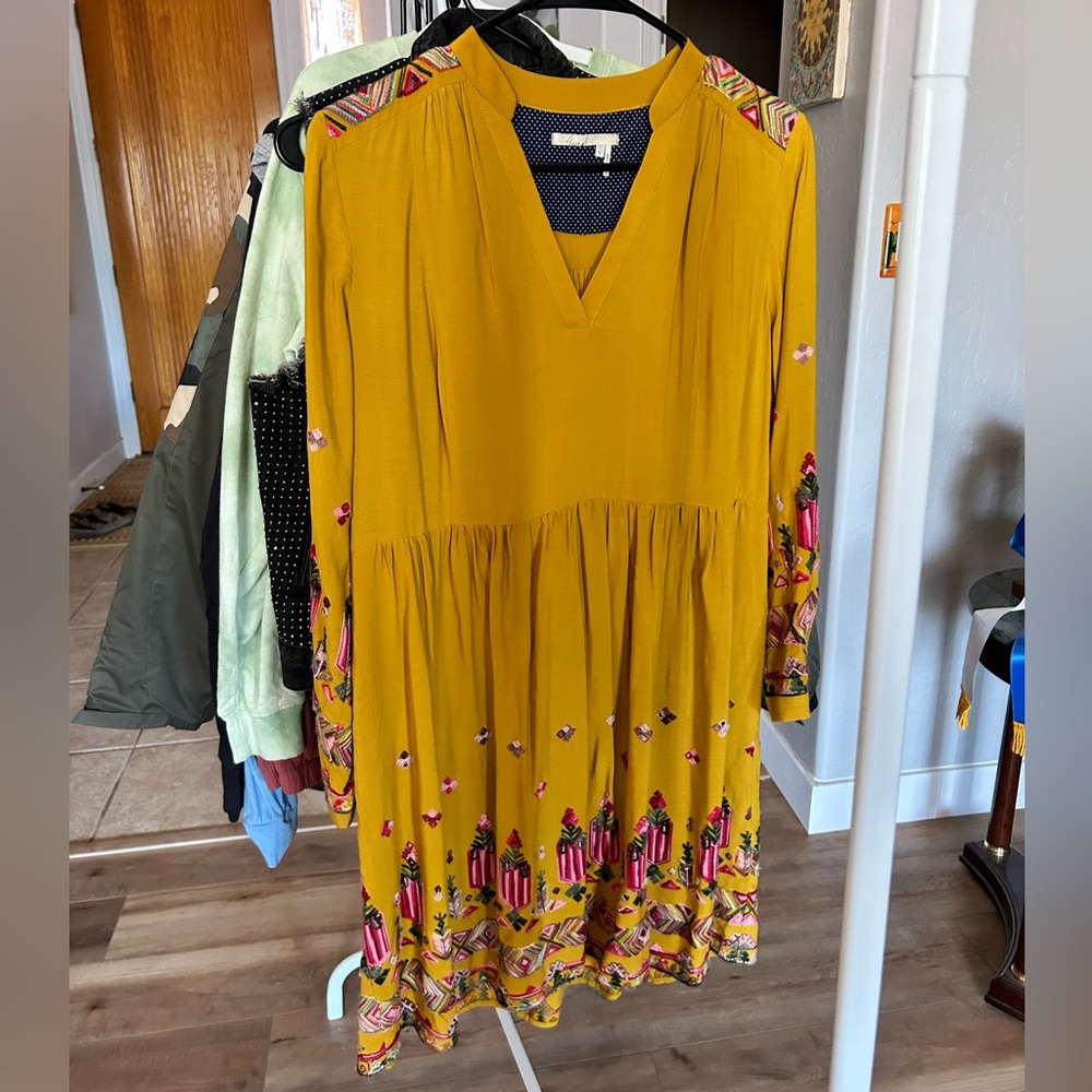 Anthropologie mustard and pink embroidered long sleeve midi dress, size small